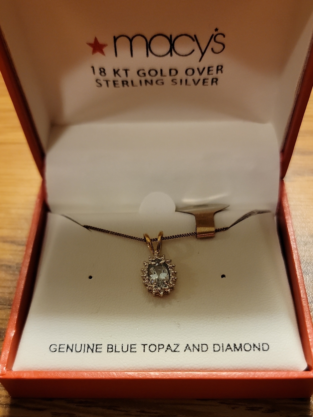 Macy's 18k Over Sterling Silver Blue Topaz &  Diamond Pendant Necklace BNWT